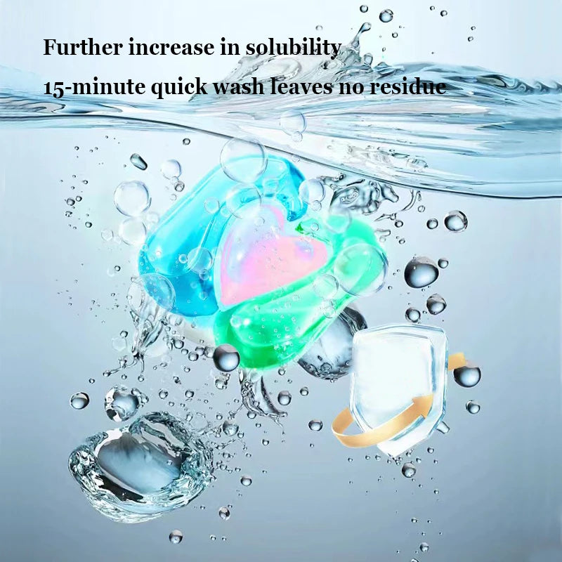 Laundry beads in various colors and shapes are shown being washed with water, emphasizing increased solubility.