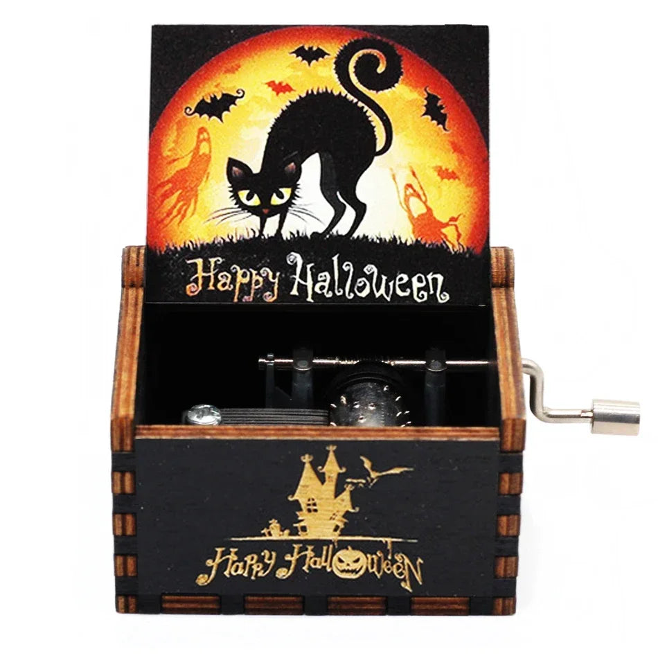 A wooden box featuring a Halloween themed illustration of a black cat against an orange background.