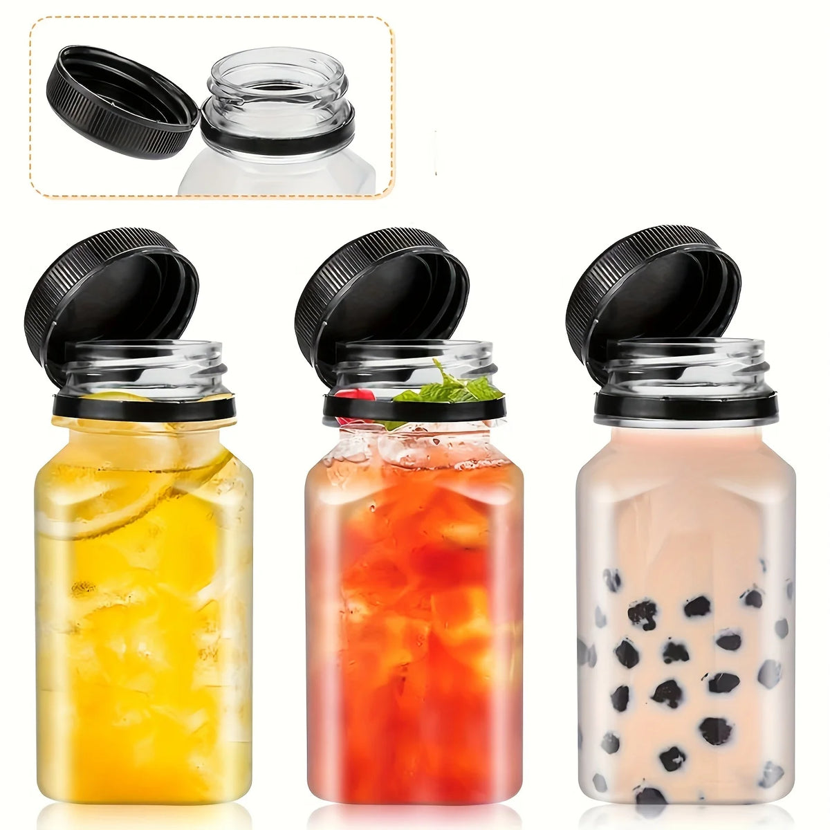 A set of leak-proof clear juice bottles with black lids, showing various colorful fruit juices.