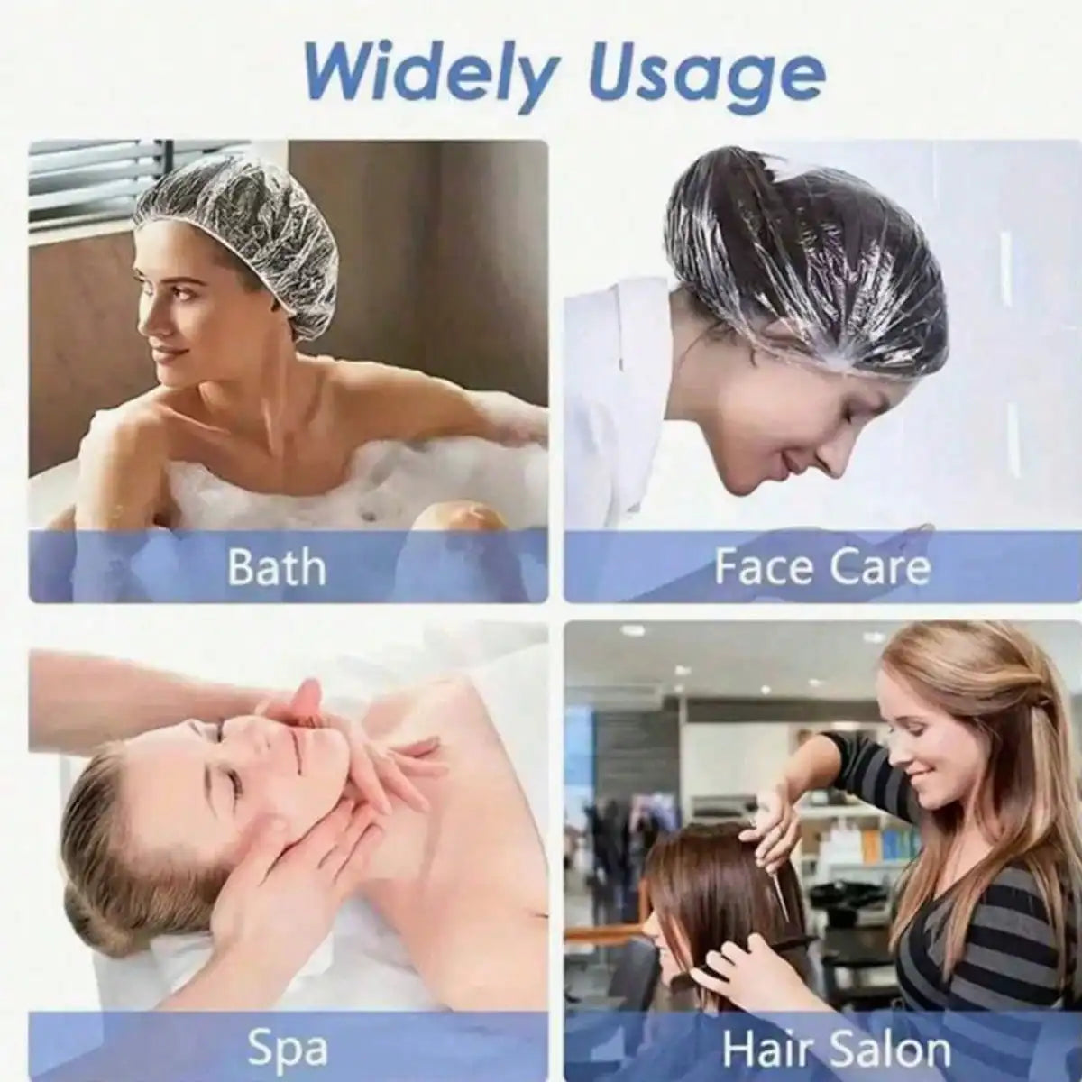 Images showing the widely used disposable transparent shower caps for bath, face care, spa, and hair salon use.