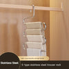 S-type stainless steel trouser rack with multiple layers of beige fabric hangers mounted on a wooden panel.