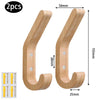 Two natural oak wood wall hooks with screws shown in different angles and a close-up of the hardware.