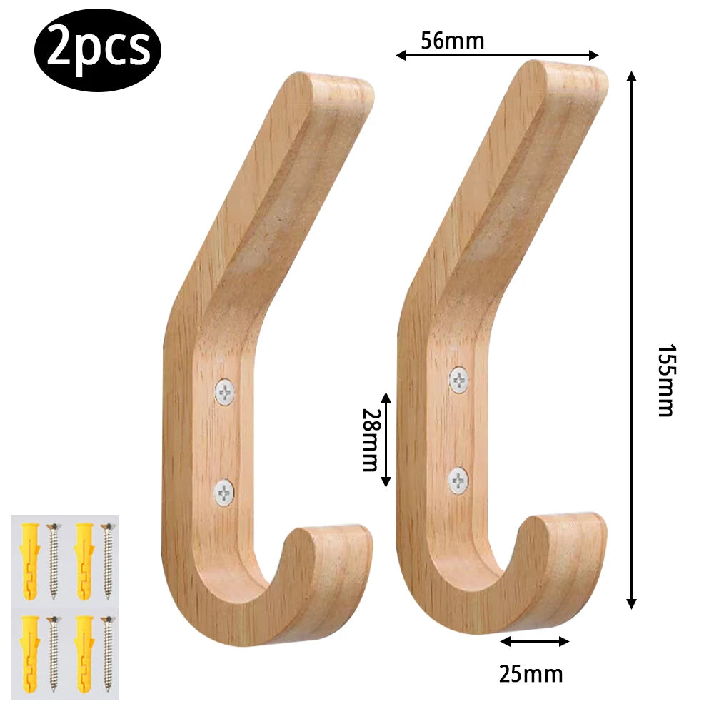 Two natural oak wood wall hooks with screws shown in different angles and a close-up of the hardware.