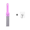 A pink pumice cleaning scrubber stick with a handle and abrasive surface, next to a metal cleaning tool.