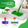 A green mop replacement cloth is shown being used with a floor sweeper, demonstrating compatibility and fit.