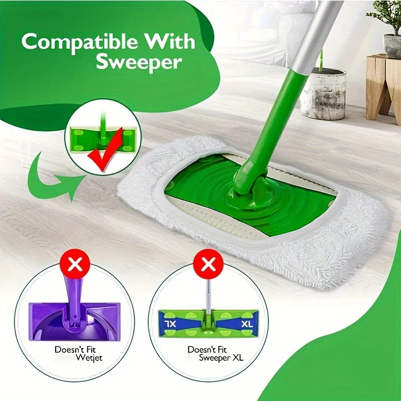 A green mop replacement cloth is shown being used with a floor sweeper, demonstrating compatibility and fit.