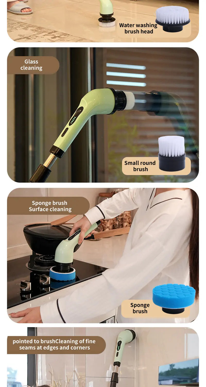 A collection of electric scrubbers and brush heads including a water washing brush head, small round brush, and a sponge brus