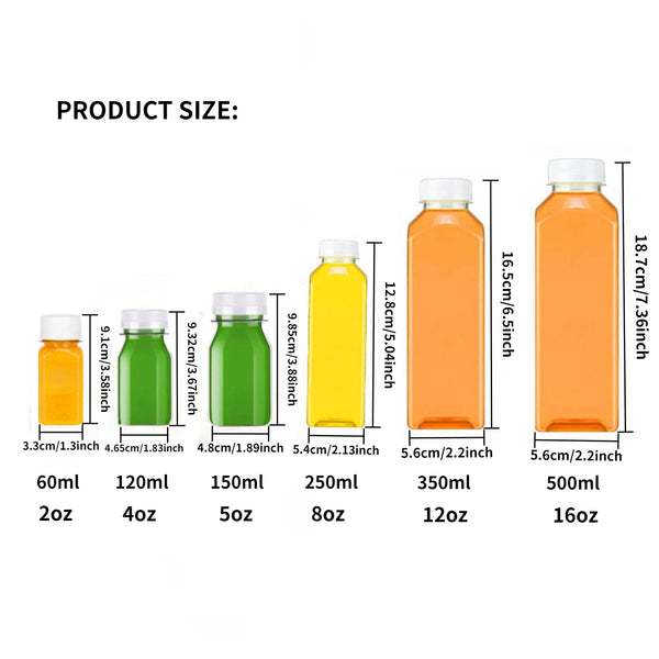 A set of clear juice bottles in various sizes and colors, including orange, lime green, and yellow, shown with dimension labe