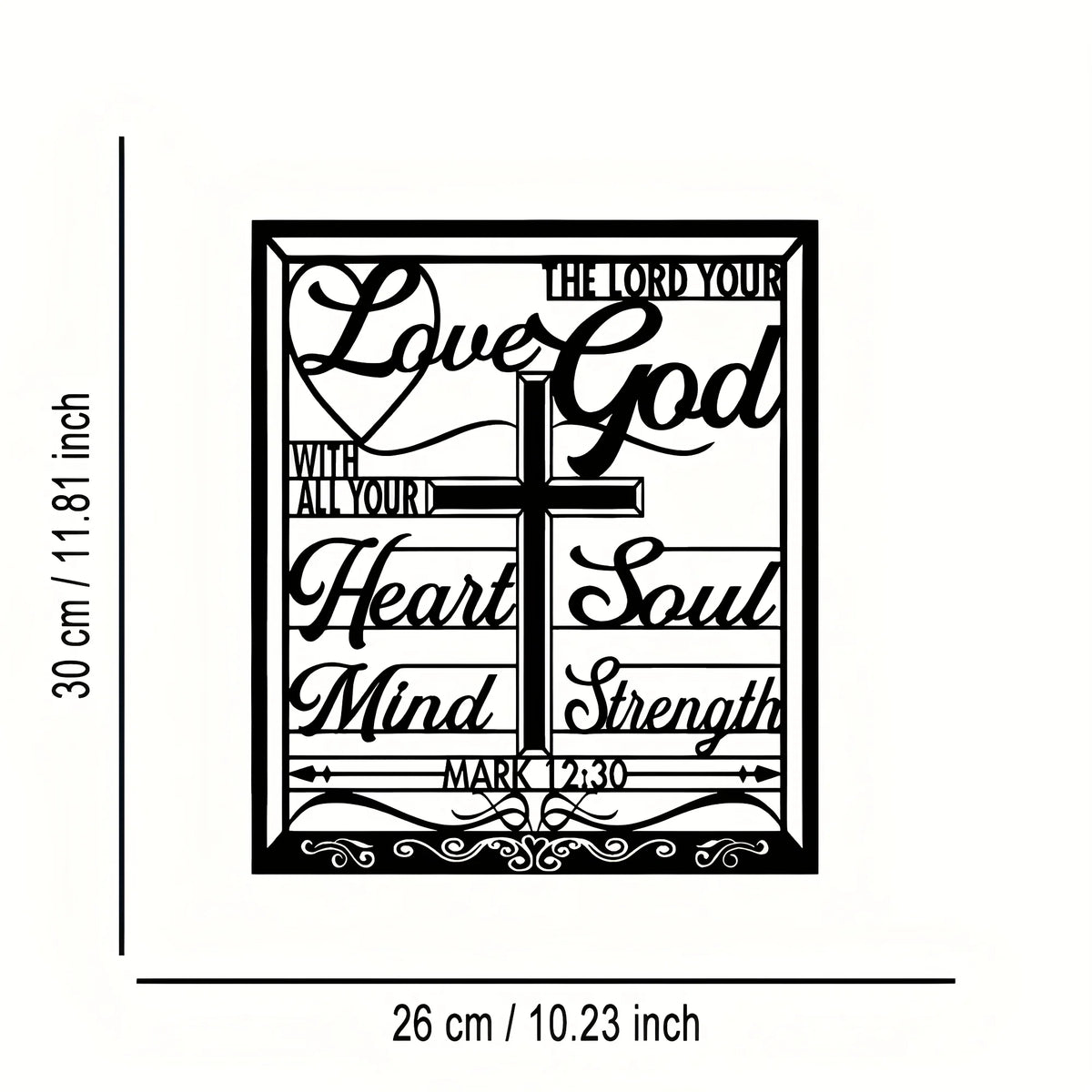 Black line art design featuring the words Love God with all your heart soul mind and strength and a cross symbol.