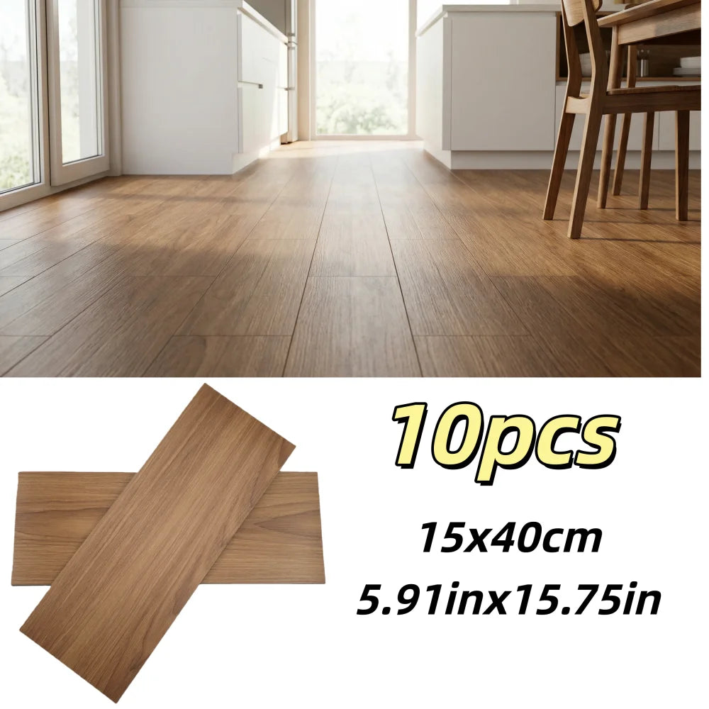 Diez piezas de calcomanías de veta de madera autoadhesivas para suelo y pared, exhibidas en un suelo de madera.