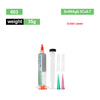 A glass bottle of Sn99Ag0.3Cu0.7 solder paste and several dispensing needles for SMD repair.