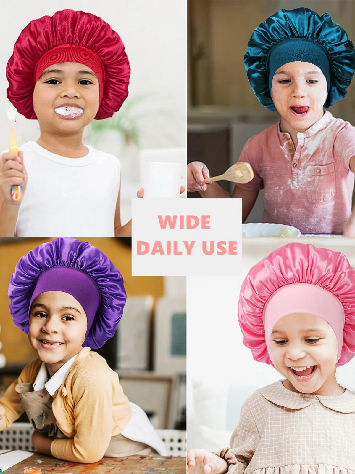 A collage showing a toddler wearing a pink satin sleep bonnet and a toddler wearing a blue satin sleep bonnet.
