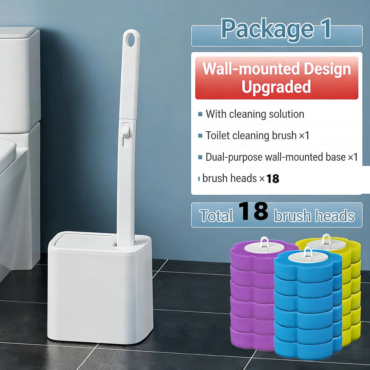 A package of 18 brush heads and a dual-purpose wall-mounted base for a heavy-duty disposable toilet brush kit.