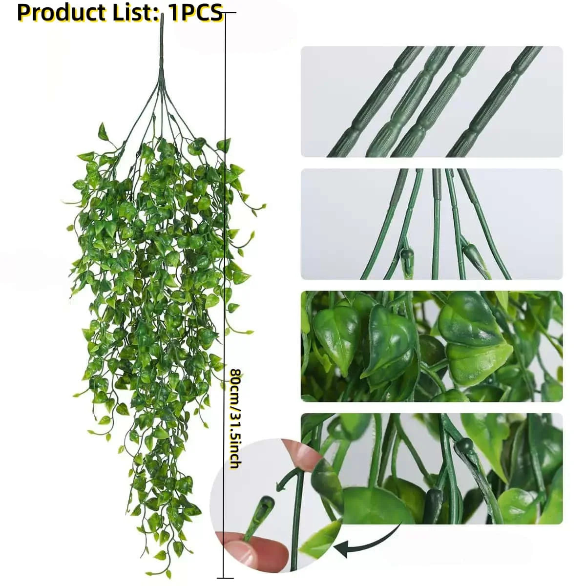 Un paquete de vides artificiales verdes colgantes con tallos y hojas delgados, mostrados sobre un fondo blanco.