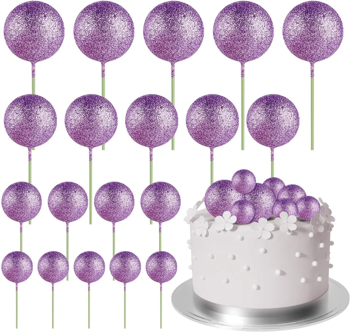 A collection of 20 purple glitter ball cake toppers on sticks.