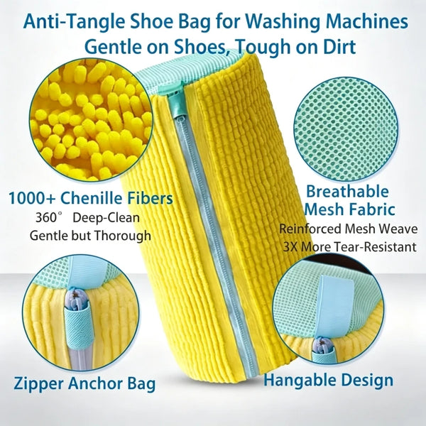 Yellow anti-tangle shoe bag made of chenille fibers with a zipper anchor and breathable mesh fabric