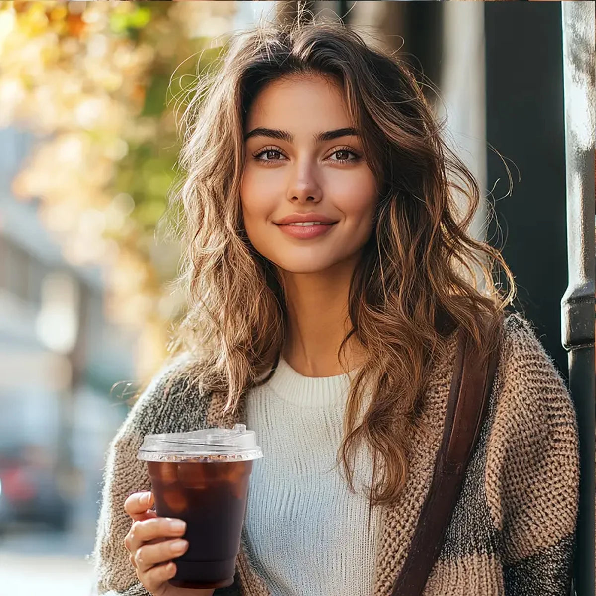 A young woman holding a dark coffee cup outdoors, wearing a knitted cardigan.