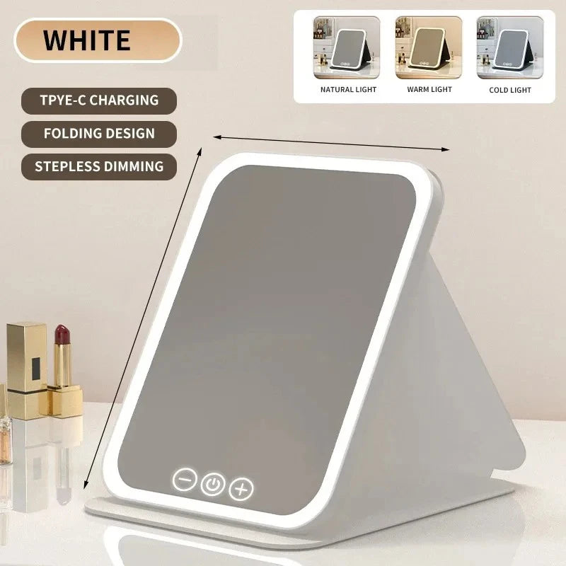 A white portable touch screen vanity mirror with adjustable natural, warm, and cold LED lights.