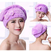 A woman models a purple microfiber hair drying towel cap, shown in close-up and profile views.