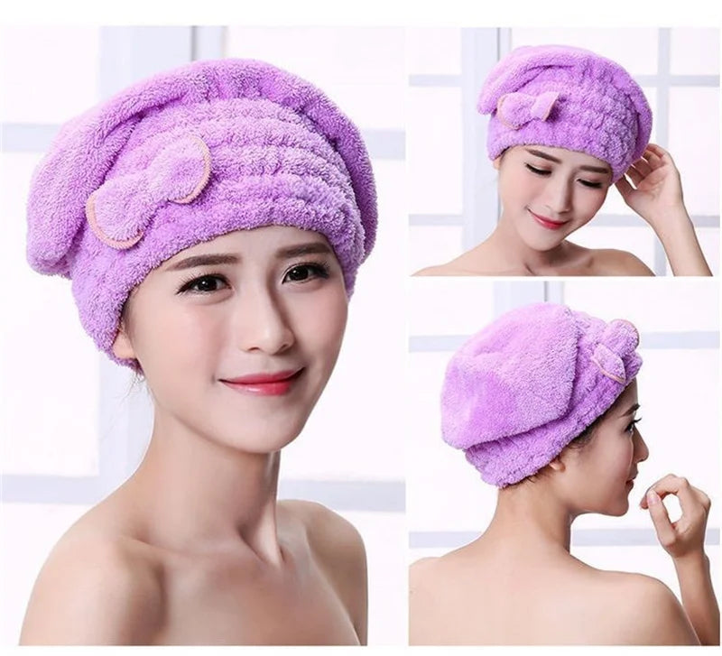 A woman models a purple microfiber hair drying towel cap, shown in close-up and profile views.