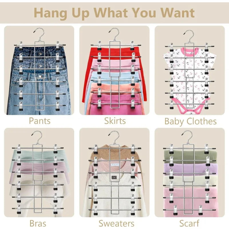 A collection of adjustable hangers and clips for organizing pants, skirts, baby clothes, bras, sweaters, and scarves.