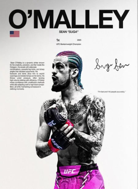 A muscular male fighter wearing purple and black UFC gear posing for a canvas art print.