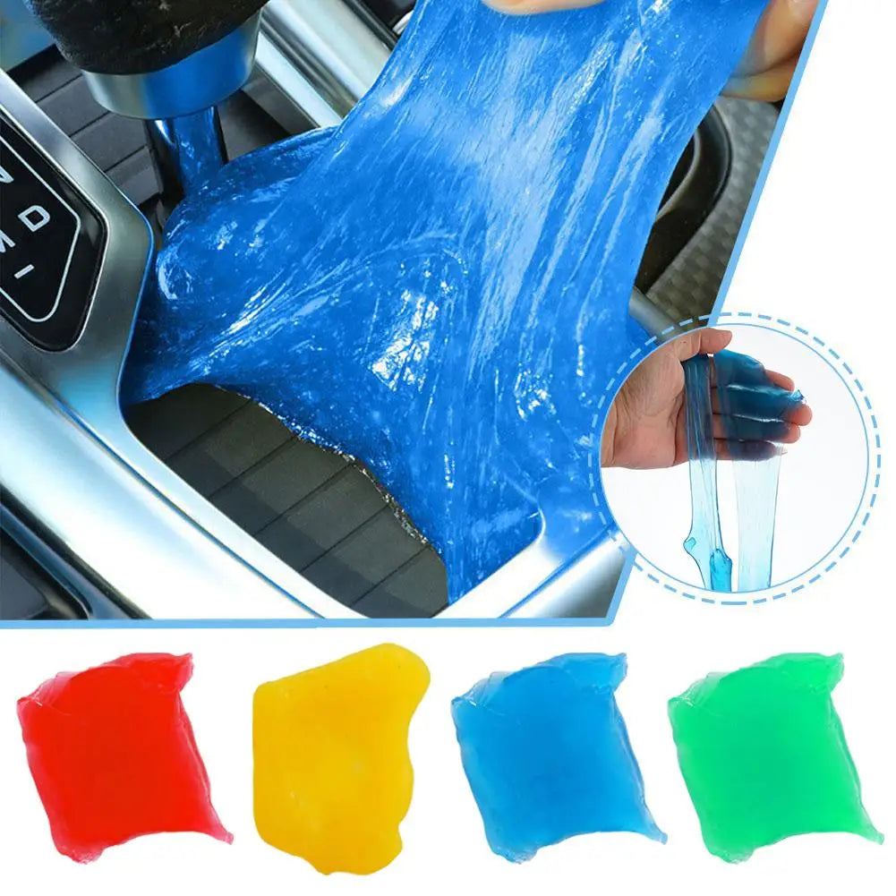A collection of colored cleaning gels including red, yellow, blue, and green for dust and debris removal.