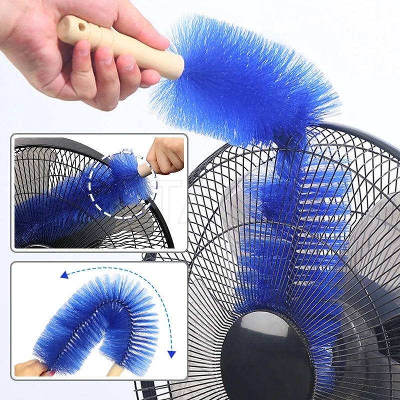 A hand holds a blue bendable fan brush used for deep cleaning, demonstrating its flexible bristles.