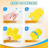Four steps showing how to install and use a yellow reusable electrostatic duster refill.