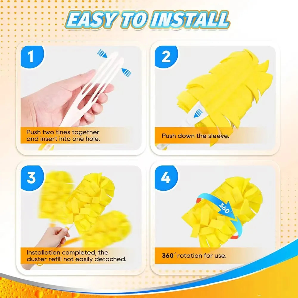 Four steps showing how to install and use a yellow reusable electrostatic duster refill.