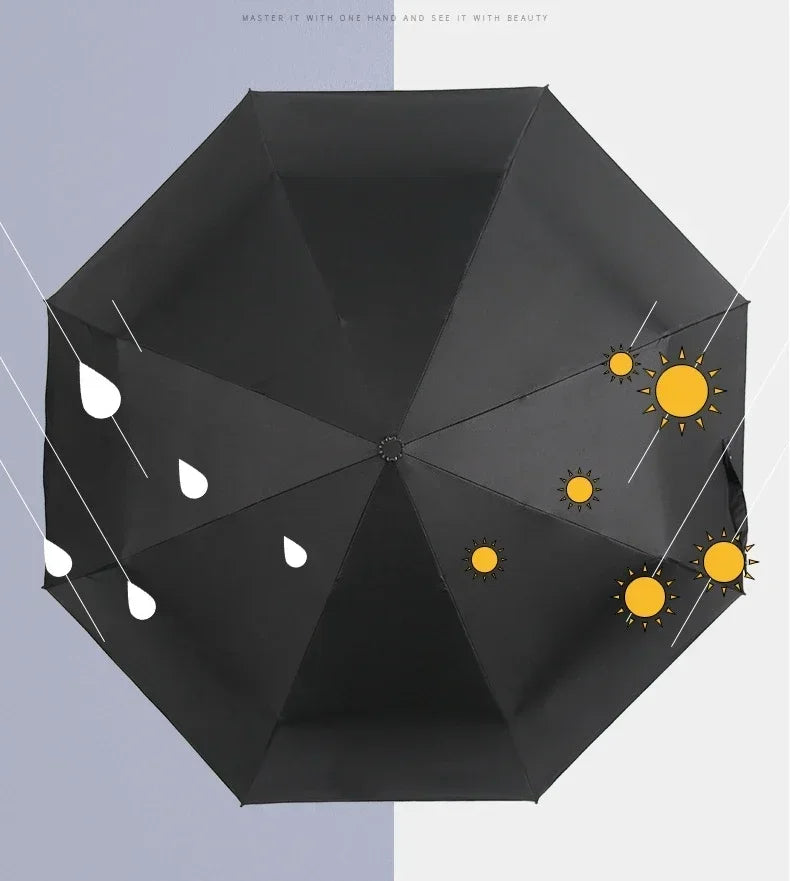 A black folding umbrella shaped like a katana sword with decorative white and yellow sun motifs.