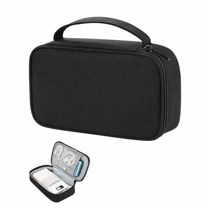 Black multi-purpose travel electronics organizer bag with a zippered compartment and an open view of the interior.