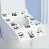 A white disposable printing seat cover featuring a pattern of black panda faces on a light blue background.
