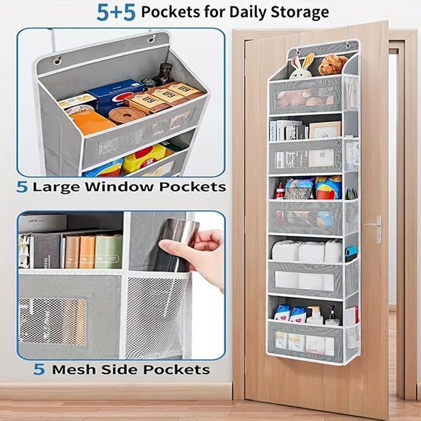 A wooden cabinet door shows a 5-tier hanging storage organizer with various pockets for daily storage.