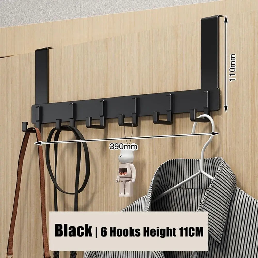 Black heavy-duty adhesive door hooks with 6 hooks, measuring 110mm high.