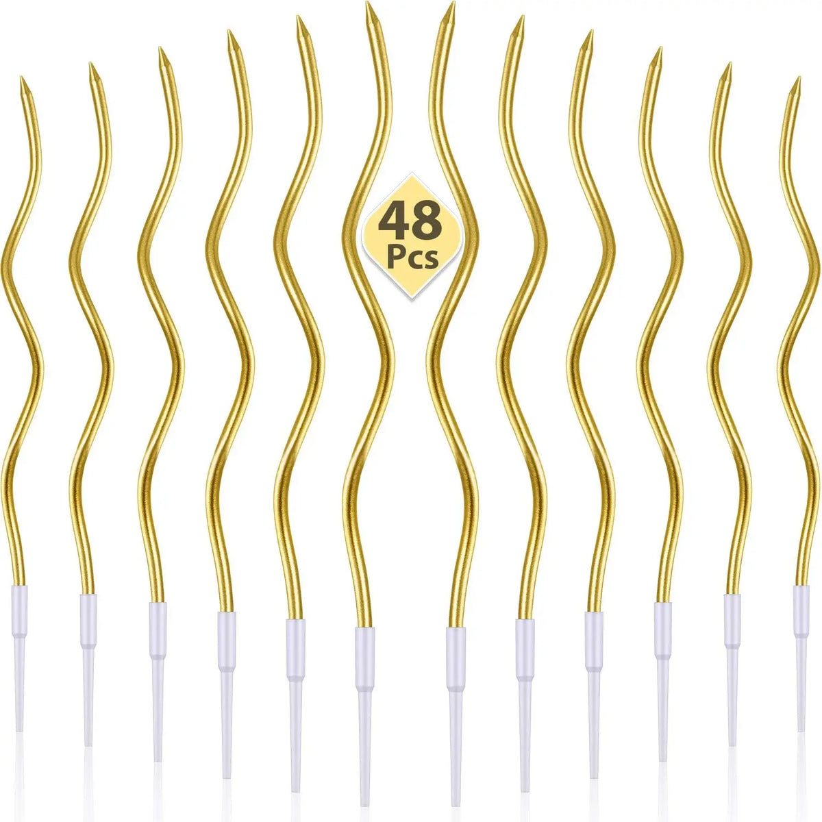 Ein Set von 48 goldenen dekorativen Spiralkerzen zum Geburtstag mit weißen Spitzen.