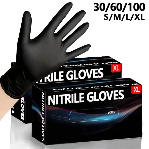A black disposable nitrile cleaning glove is shown with a hand, next to boxes of nitrile gloves in various sizes.