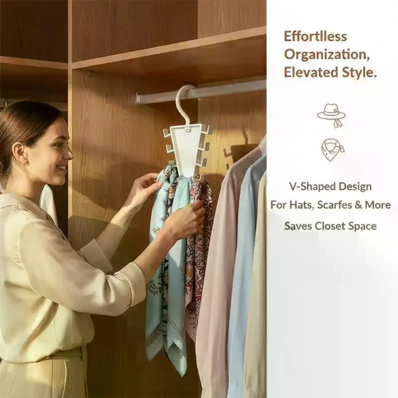 A woman is hanging a scarf on a multi-hook closet organizer hanger in a wooden closet.
