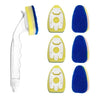 A set of dish wand cleaning brushes with yellow and blue silicone heads and clear handles.