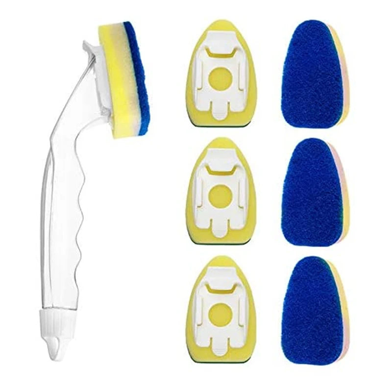 A set of dish wand cleaning brushes with yellow and blue silicone heads and clear handles.