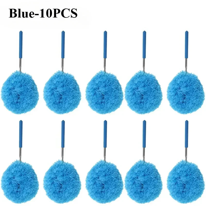Ten blue extendable microfiber dusters with fluffy heads.