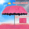 Pink dual-use umbrella shown open against a rainy background with water blooming on the fabric