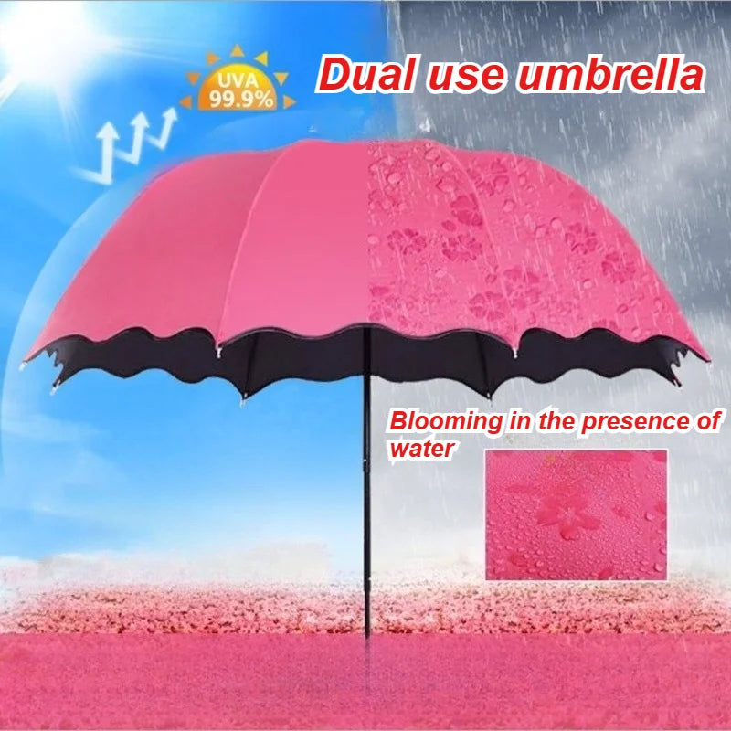 Pink dual-use umbrella shown open against a rainy background with water blooming on the fabric.