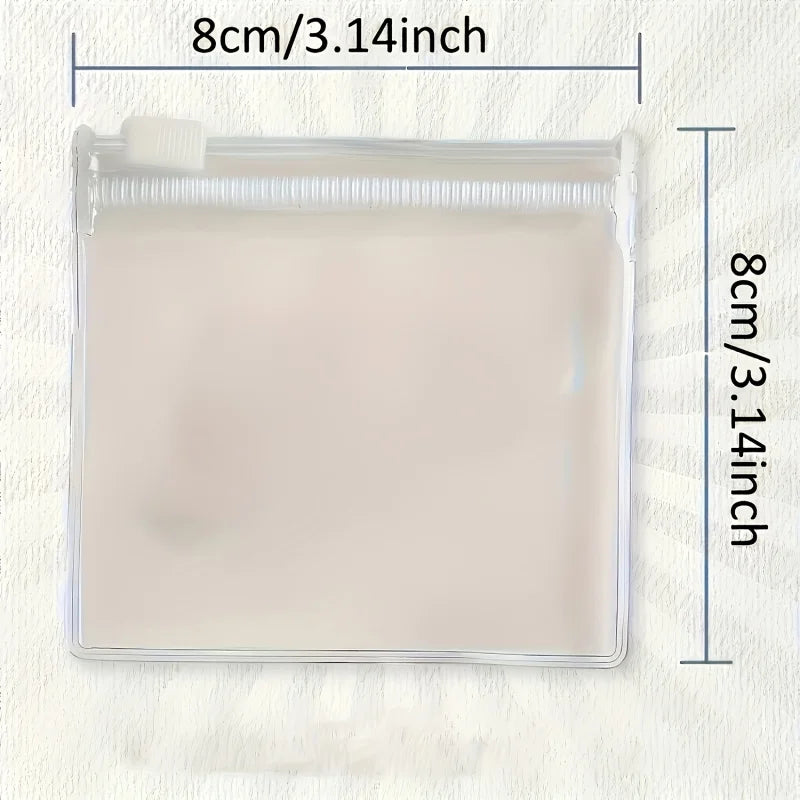 A clear plastic organizer bag for travel medicine with separate compartments, measuring 8cm/3.14inch.