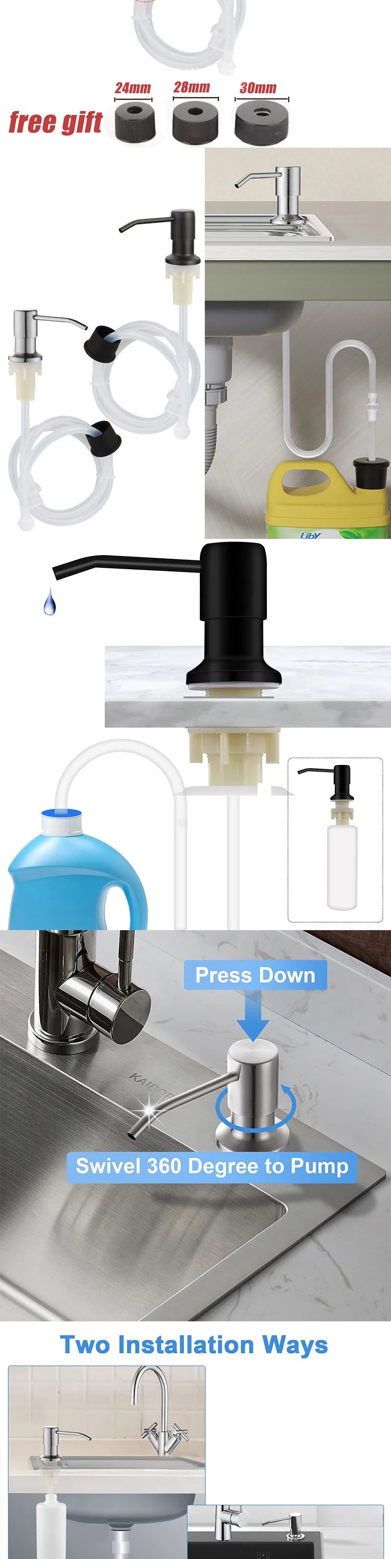 Stainless steel under-sink soap dispenser kit showing various components and installation methods