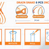 A set of six orange drain snakes with various tips for professional drain cleaning, showing insert, rotate, pull, and rinse f