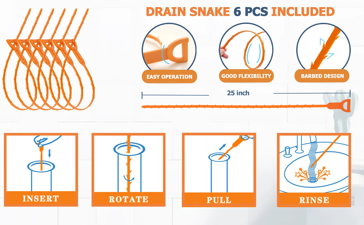 A set of six orange drain snakes with various tips for professional drain cleaning, showing insert, rotate, pull, and rinse f