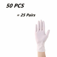A hand wearing a white disposable nitrile glove is shown, with text indicating 50 pieces or 25 pairs.