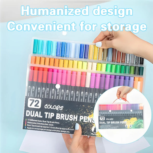 A clear plastic container filled with 72 dual tip brush pens in various colors, shown being held by a hand.