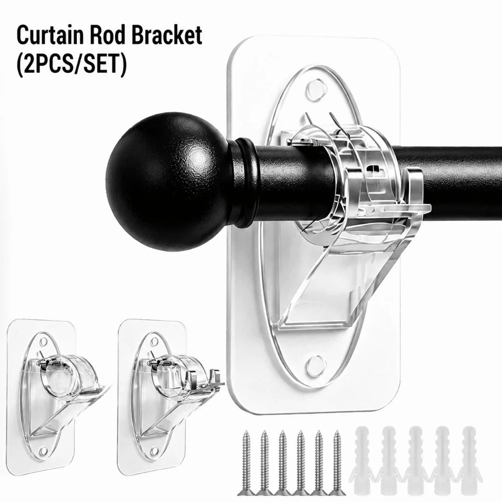 Two sets of curtain rod brackets and mounting hardware for a black curtain rod.